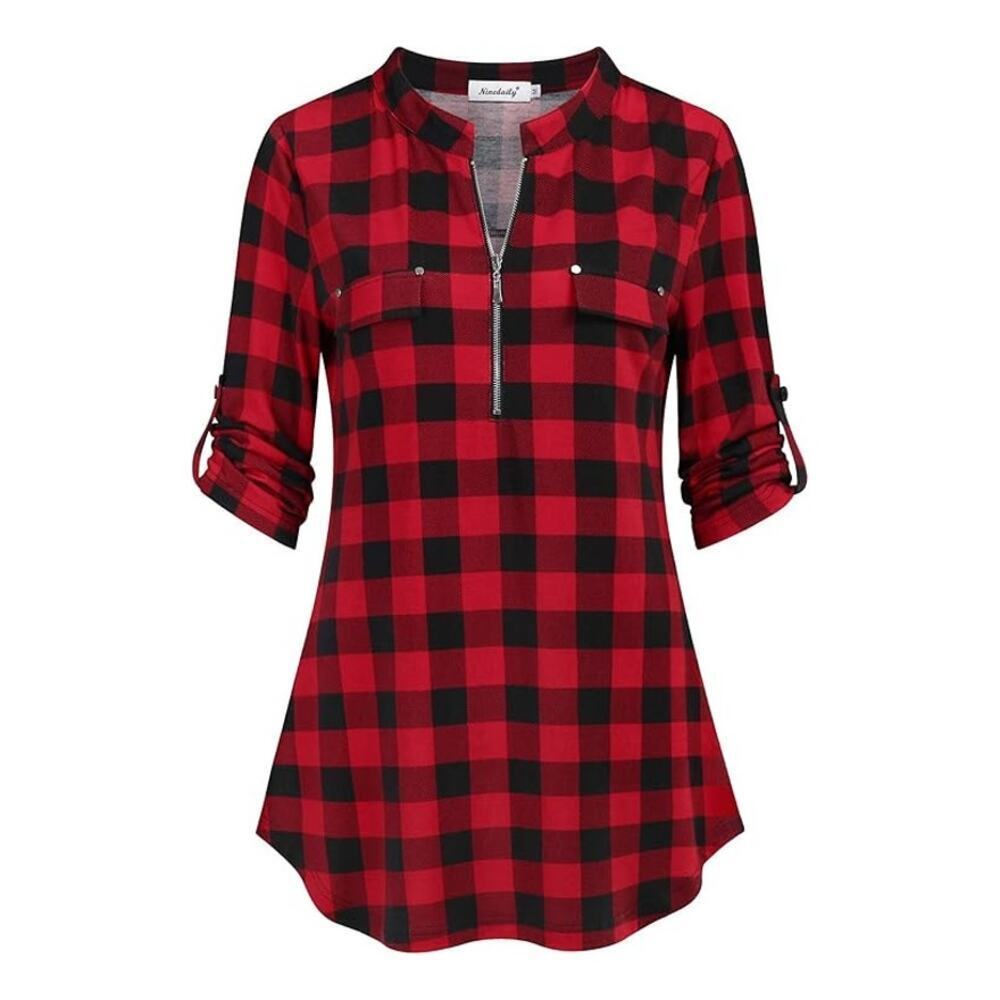 Ninedaily Women's 3/4 Sleeve Plaid Zip Top in Red, Size XL​​